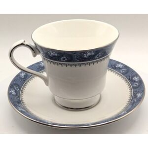 AYNSLEY Blue Mist Teacup Saucer Set Bone China England Floral Trim Vintage